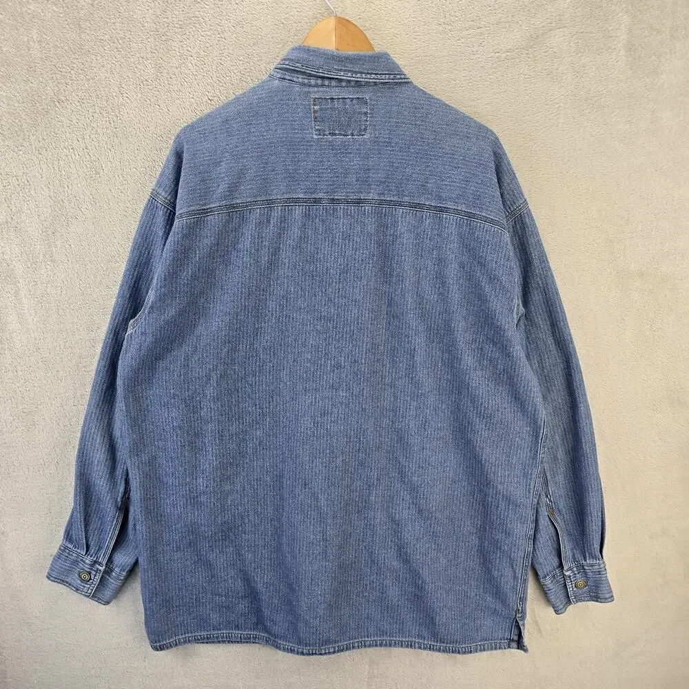 Vintage 90s Levis Denim Metal Button Up Shirt Large Blue Tab Ticking Stripe